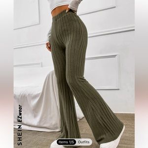 Green ribbed knit flare leg pants